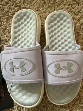 Under Armour Girls White Slide Sandals with Iridescent Logo